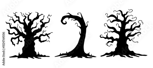 Tree silhouettes set. Black outline drawing of curved, twisted plant for Halloween. Hand drawn graphic clipart. Simple Doodle style. Nature element for spooky decor and party invitation design