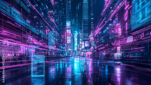 A futuristic view of New York City with digital information transfers flowing through a holographic neon-framed cityscape. Digital technology concept with vibrant neon lights