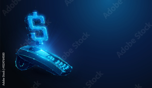 Abstract illustration of usd dollar sign floating over pos paying terminal in low poly style. Blue geometric background depicting paying process on point of sale terminal concept by wireframe mesh