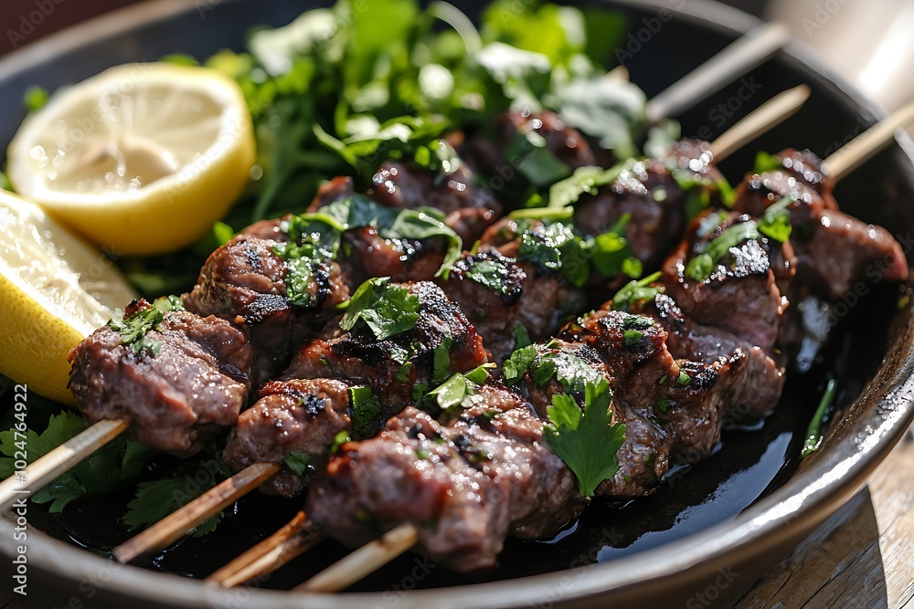 Grilled meat skewers with herbs and lemon, served on a plate. Grilled meat skewers with herbs and lemon, served on a plate.