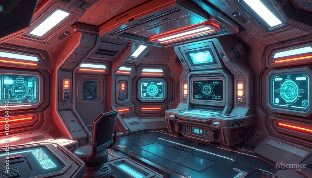 Obraz premium Futuristic space habitat with holographic control panels and advanced systems, offering a self-sustaining environment for human life in outer space. AI-generated