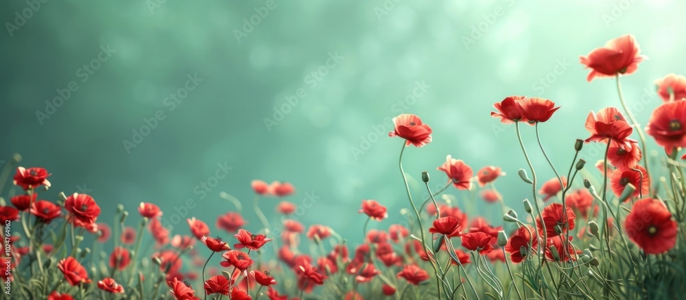 Fototapeta premium Vibrant red poppies blooming in a lush green meadow on a peaceful summer day The flowers stand tall against the soft blurred background creating a serene and calming atmosphere