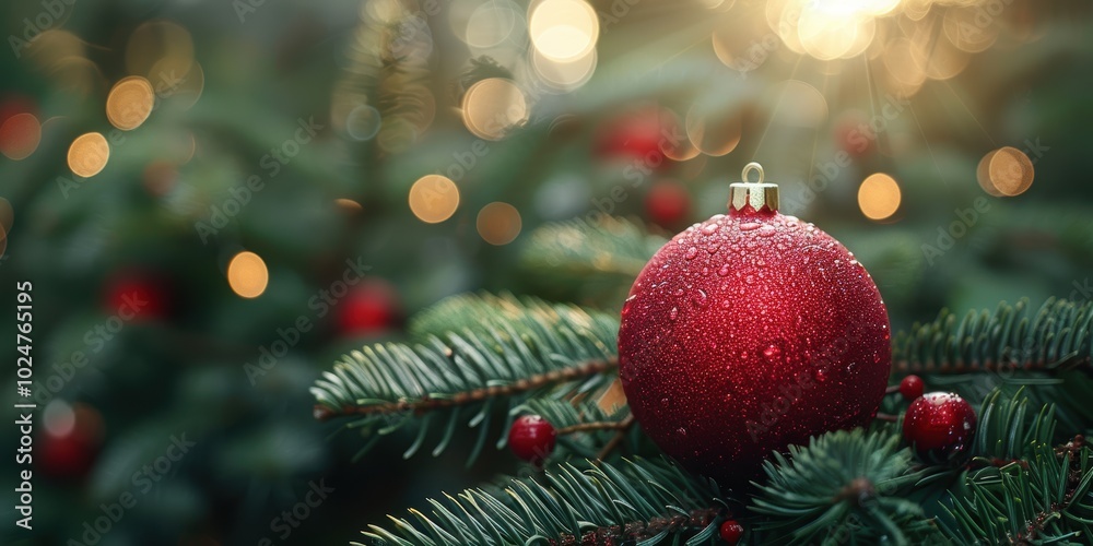 A close-up, richly detailed photograph of a red Christmas ornament adorned with dew drops, hanging on a green pine tree branch amidst soft, golden holiday lights