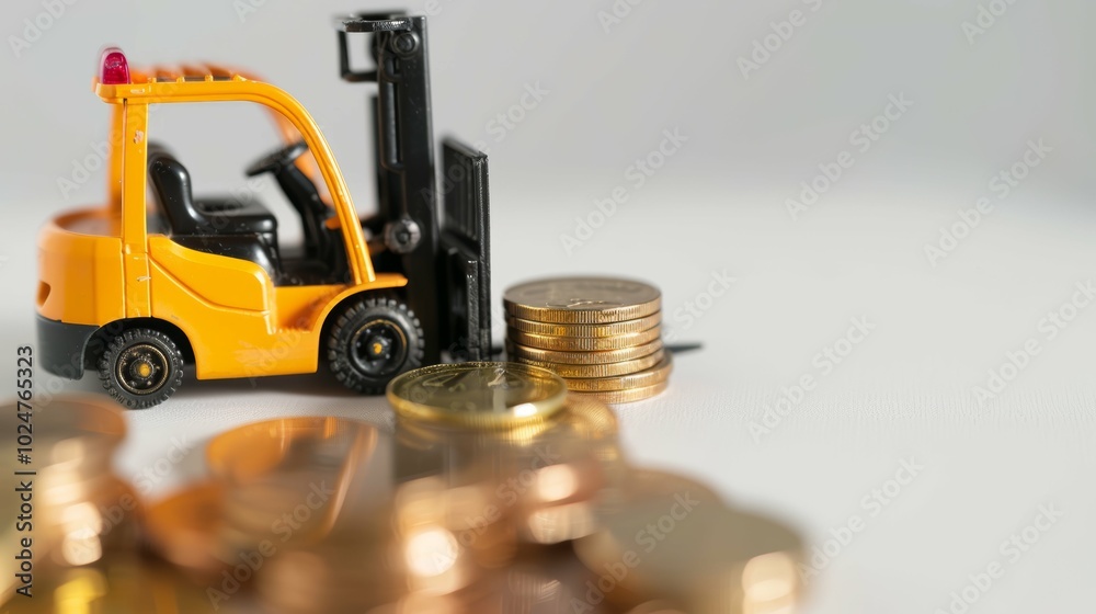 Mini Forklift with Coins for Business Concept Mini Forklift with Coins for Business Concept