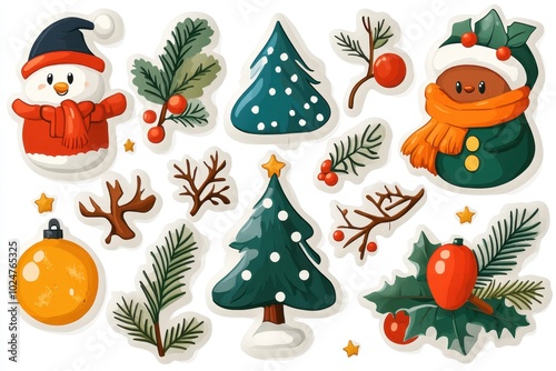 A collection of holiday-themed stickers in various shapes, isolated on white background. 