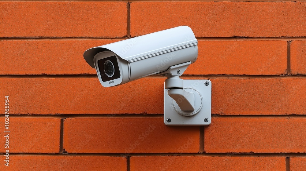 Wall-mounted security camera on an orange brick exterior wall with surveillance equipment for monitoring and safety. Wall-mounted security camera on an orange brick exterior wall with surveillance equipment for monitoring and safety.