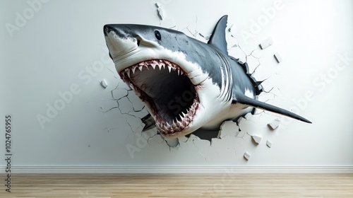 Fototapeta Naklejka Na Ścianę i Meble -  A large great white shark bursts through a white wall with its mouth open. The wall is cracked and broken around the shark. The shark is in focus, while the wall and floor are blurred.