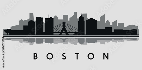 Black and white silhouette of the Boston city skyline. Vector on a gray background 