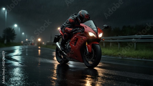 High-Speed Motorcycle Racing Down a Rain-Soaked Road at Night photo