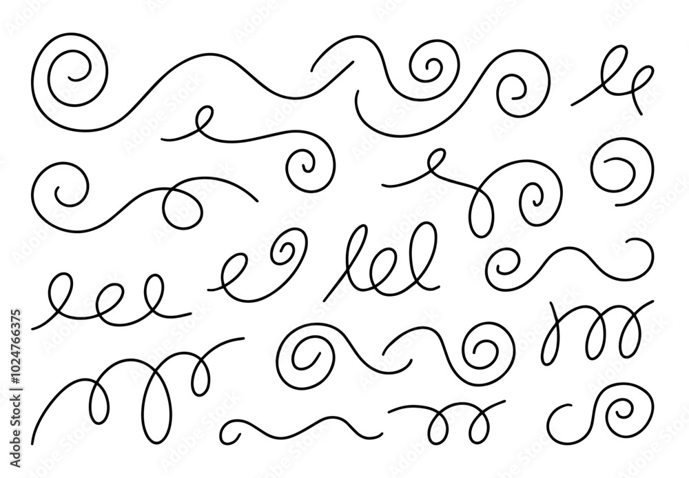 Doodle curly lines. Curly pen underline elements. Vector illustration