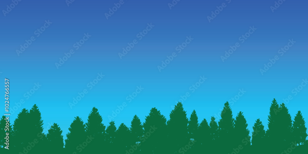 Fototapeta premium Forest background. Green silhouette of forest fir trees on the background of blue sky Vector graphic 