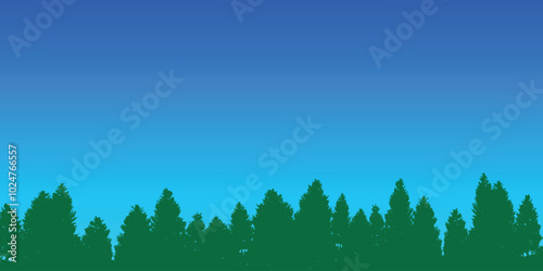 Forest background. Green silhouette of forest fir trees on the background of blue sky Vector graphic	