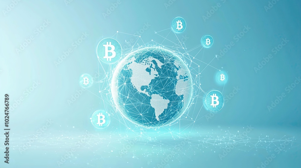Obraz premium Global Bitcoin Network: A stylized illustration of the Earth encased in a network of interconnected lines, symbolizing the global reach of the Bitcoin cryptocurrency. Surrounding the globe.