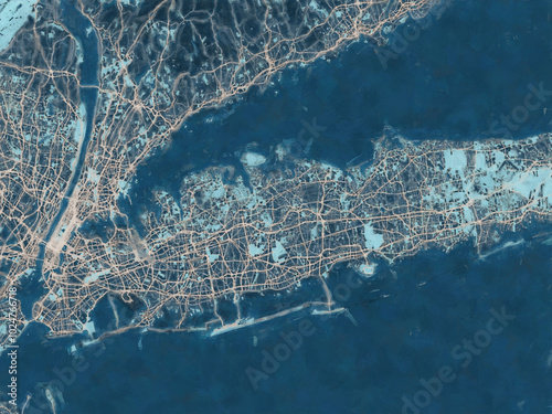 Painterly Style City Map of Long Island New York, USA in a Blue Color Scheme.
