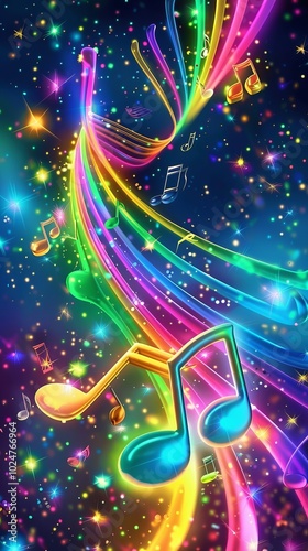 Vibrant rainbow music notes with sparkling cosmic background.