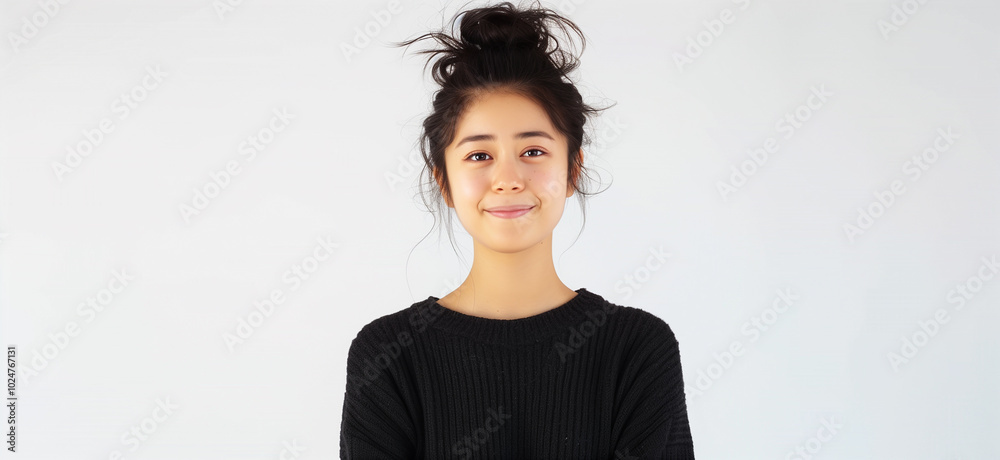 Young attractive Japanese woman in her 20s smiling without showing her teeth and her bun hair. Happiness and healthy glow skin concept. Closeup of smiling lovely woman looks directly to camera Young attractive Japanese woman in her 20s smiling without showing her teeth and her bun hair. Happiness and healthy glow skin concept. Closeup of smiling lovely woman looks directly to camera