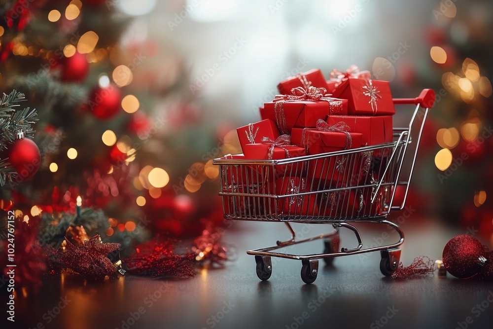 A modern shopping cart filled with red gift boxes on a blurred background with Christmas lights., a Christmas theme, banner design, with ample copy space. A modern shopping cart filled with red gift boxes on a blurred background with Christmas lights., a Christmas theme, banner design, with ample copy space.