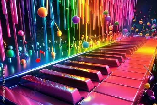Colorful music explosion: vibrant piano keys and floating musical notes.