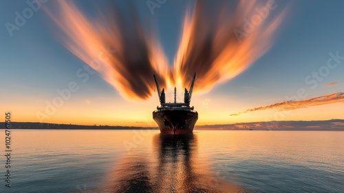 Dramatic Sunset with Ship Silhouette on Calm Water