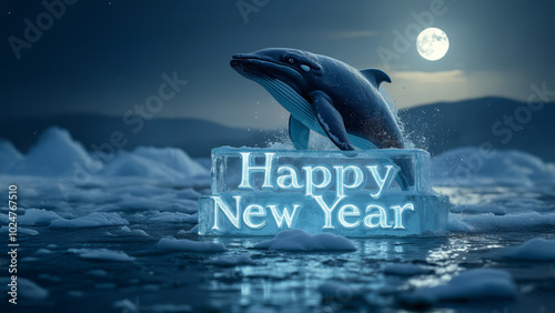 Happy New Year message. Whale jumping out water in the moon light. Greeting card with text ice carving and whimsical animal. photo