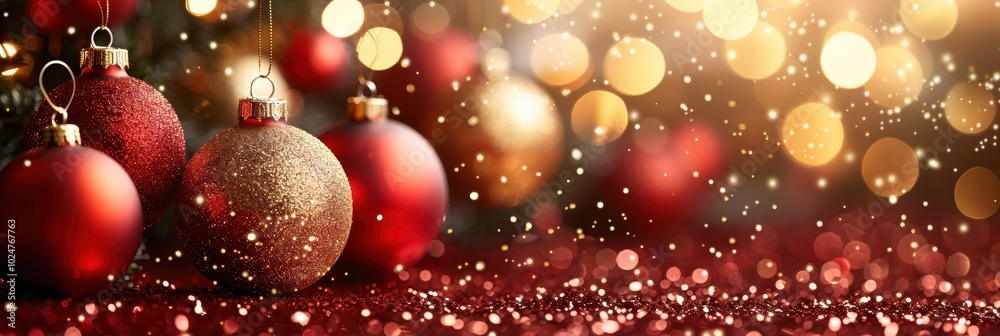 A close-up view of beautiful festive Christmas decorations featuring red and gold baubles with sparkling lights in the background A close-up view of beautiful festive Christmas decorations featuring red and gold baubles with sparkling lights in the background