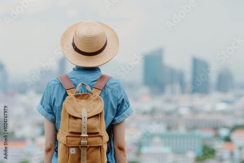 Traveler with backpack and hat admires city skyline, embodying the spirit of adventure and exploration in an urban setting.