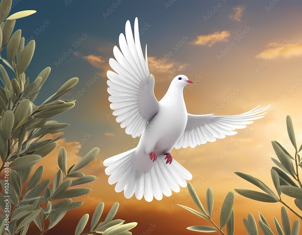 Obraz premium A graceful white dove in flight amid olive branches, biblical story, Christianity, dove of peace