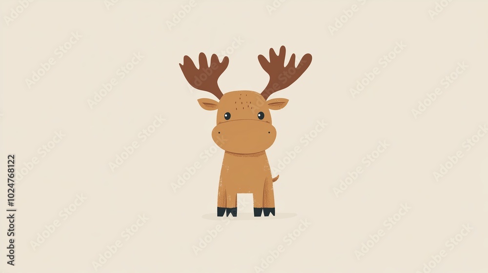 A cute animated moose with antlers standing against a plain background in a playful cartoon style A cute animated moose with antlers standing against a plain background in a playful cartoon style