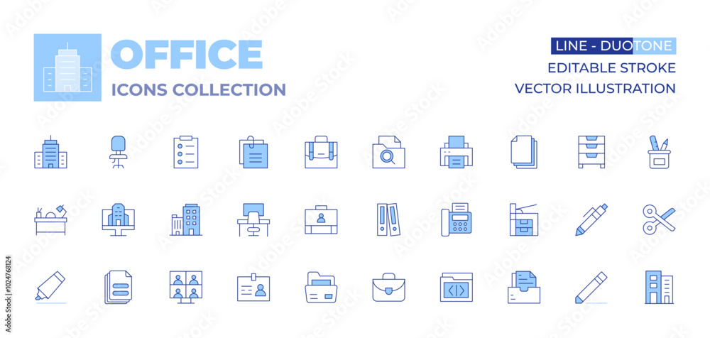 Office icons collection. Line Duotone style, editable stroke. briefcase, pen, files, drawers, print, offices, folder, fax, scissors, stationery, printer, paper Office icons collection. Line Duotone style, editable stroke. briefcase, pen, files, drawers, print, offices, folder, fax, scissors, stationery, printer, paper