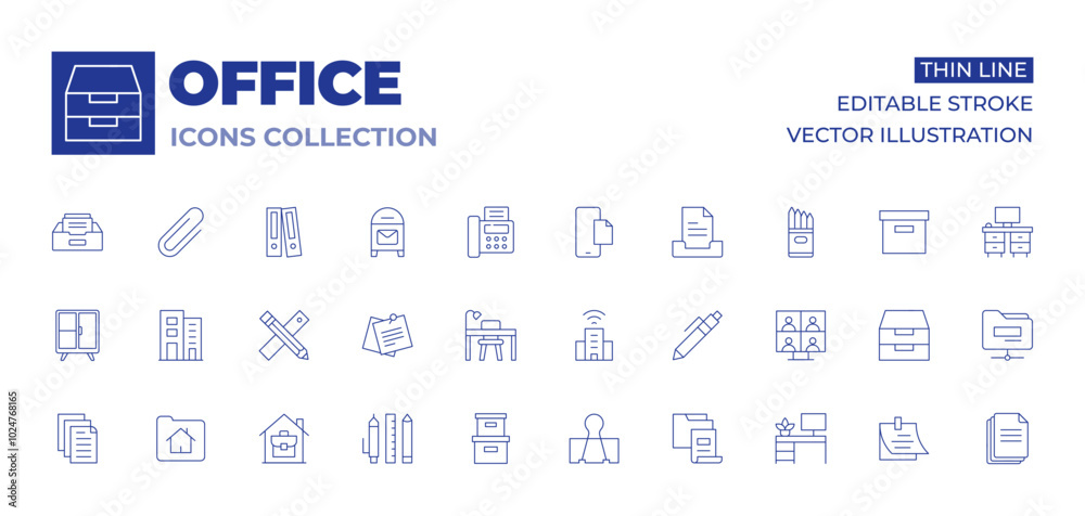 Office icons collection. Thin Line icons, editable stroke. cabinet, company, home, offices, folder, cardboard, pencil, file, stationery, desk, paper clip, sticky note Office icons collection. Thin Line icons, editable stroke. cabinet, company, home, offices, folder, cardboard, pencil, file, stationery, desk, paper clip, sticky note