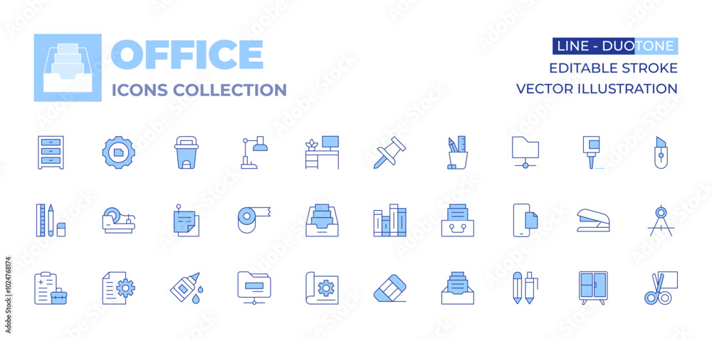 Naklejka premium Office icons collection. Line Duotone style, editable stroke. pen, drawer, file, folder, pencil holder, scissors, glue, cabinet, cutter, compass, stapler
