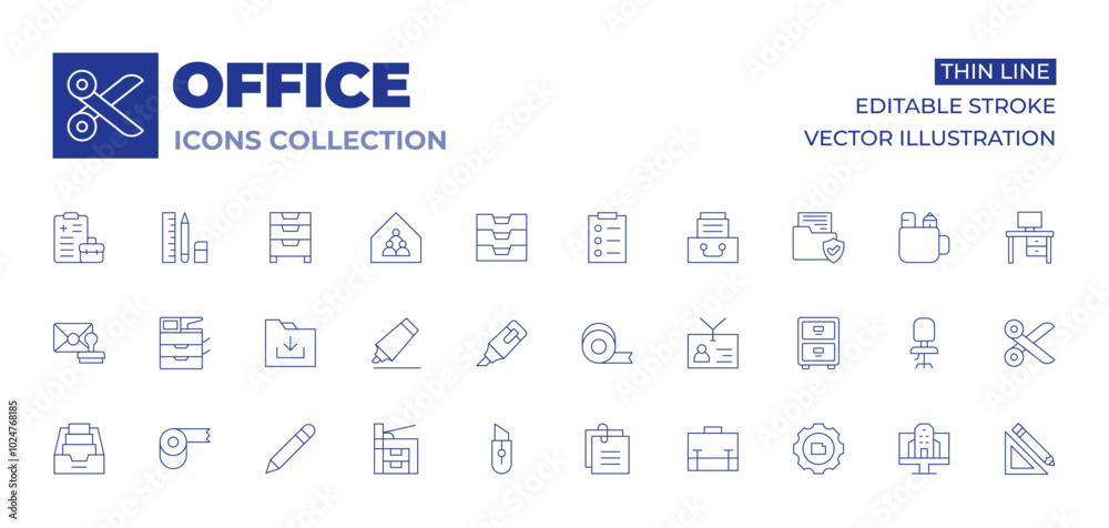 Office icons collection. Thin Line icons, editable stroke. pencil, download, tape, scotch tape, folder, cutter, marker, highlighter, attachment, print, printer, mail Office icons collection. Thin Line icons, editable stroke. pencil, download, tape, scotch tape, folder, cutter, marker, highlighter, attachment, print, printer, mail