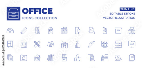 Office icons collection. Thin Line icons, editable stroke. cabinet, company, home, offices, folder, cardboard, pencil, file, stationery, desk, paper clip, sticky note