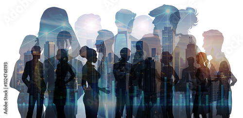 Kommunikation und Dialog - Silhouette Körper von Menschen in Gruppen - Vielfalt in der Gesellschaft und Arbeitswelt - Skyline Stadt und Diagramme mit Daten zur Analyse