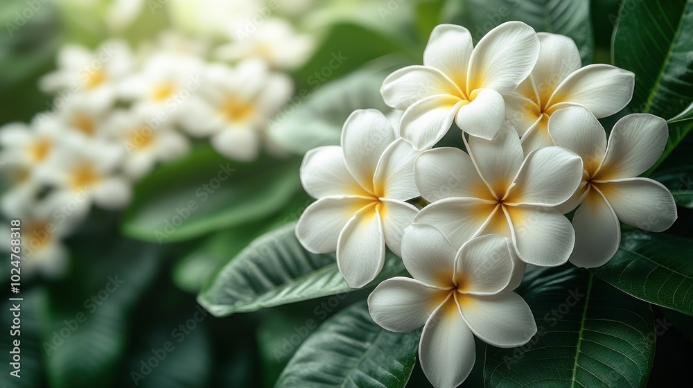 A close-up of white plumeria flowers against green foliage.