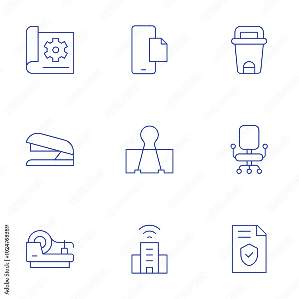 Office icons set. Thin Line style, editable stroke. company, tape, scheme, file, bin, chair, stapler, paper clip