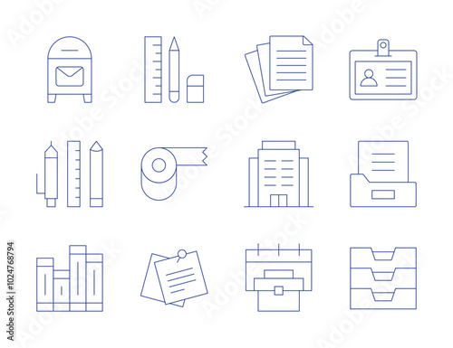 Office icons. Thin Line style, editable stroke. paper, office, post office, scotch tape, folder, id card, stationery, inbox, binder, stationary, sticky note