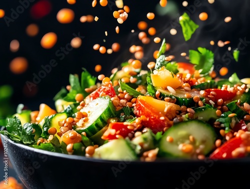 Colorful and crunchy cucumber kosambari salad with grated cucumber and lentils photo