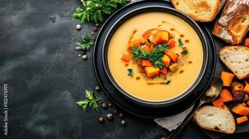 Creamy pumpkin soup in a black bowl garnished with parsley and croutons, surrounded by slices of bread and spices on a dark background.