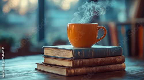 A cozy, inviting scene with a steaming cup of coffee beside a stack of books, perfect for a relaxing, quiet moment. photo