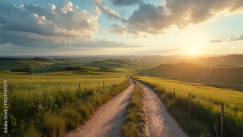 A picturesque dirt road winding through rolling hills under a beautiful sunset. Ideal for travel brochures, nature photography, or designs related to adventure, journeys, and the outdoors. photo