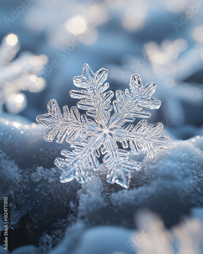 A detailed, close-up view of delicate snowflakes resting on a frozen, icy surface, showcasing intricate natural patterns. photo