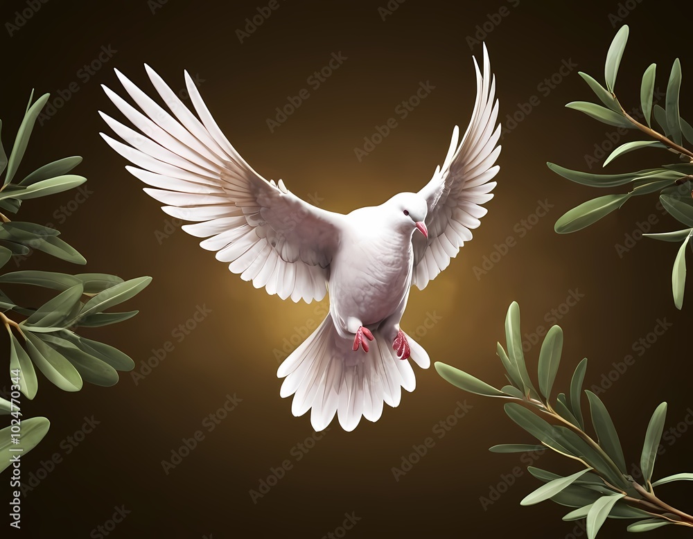 A graceful white dove in flight amid olive branches, biblical story, Christianity, dove of peace A graceful white dove in flight amid olive branches, biblical story, Christianity, dove of peace