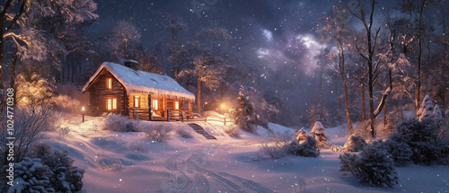 A cozy, snow-covered cabin in the woods with warm lights glowing from the windows, under a dark night sky. photo