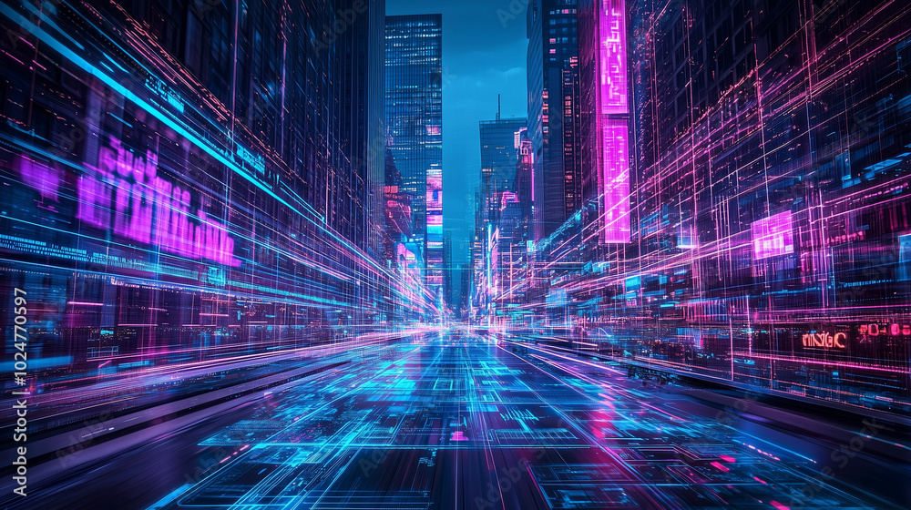Fototapeta premium A futuristic view of New York City with digital information transfers flowing through a holographic neon-framed cityscape. Digital technology concept with vibrant neon lights