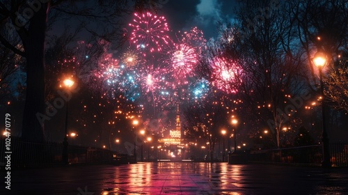 A festive atmosphere captured with vibrant fireworks exploding above a vibrant park at night