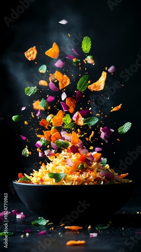 Colorful vegetable biryani with saffrontinted rice, crispy fried onions, and fresh mint