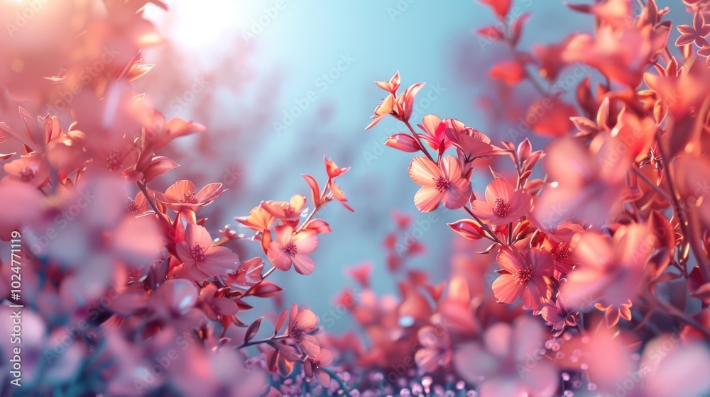 Blooming pink floral branches with delicate petals in a nature scenery Vibrant spring or summer foliage with bright colorful flowers against a soft dreamy background Elegant Blooming pink floral branches with delicate petals in a nature scenery Vibrant spring or summer foliage with bright colorful flowers against a soft dreamy background Elegant