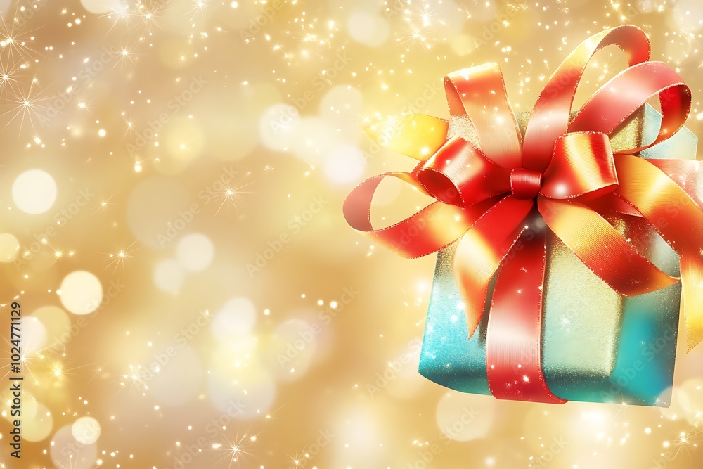 A beautifully wrapped gift box with a vibrant red and orange ribbon, set against a sparkling golden background. A beautifully wrapped gift box with a vibrant red and orange ribbon, set against a sparkling golden background.