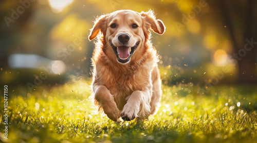 A joyful golden retriever running through a lush green field on a sunny day, full of energy and happiness. photo